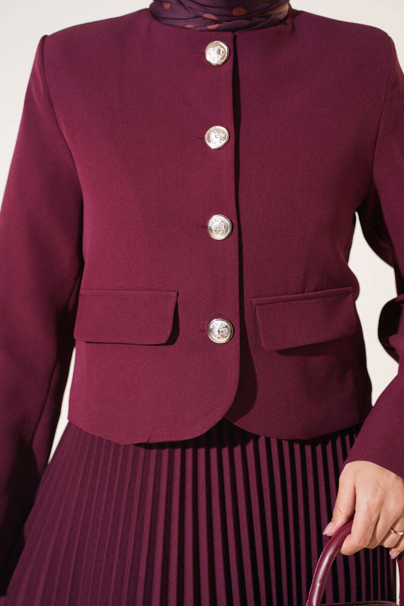 Pleated Skirt Set with Gold Buttons - Burgundy