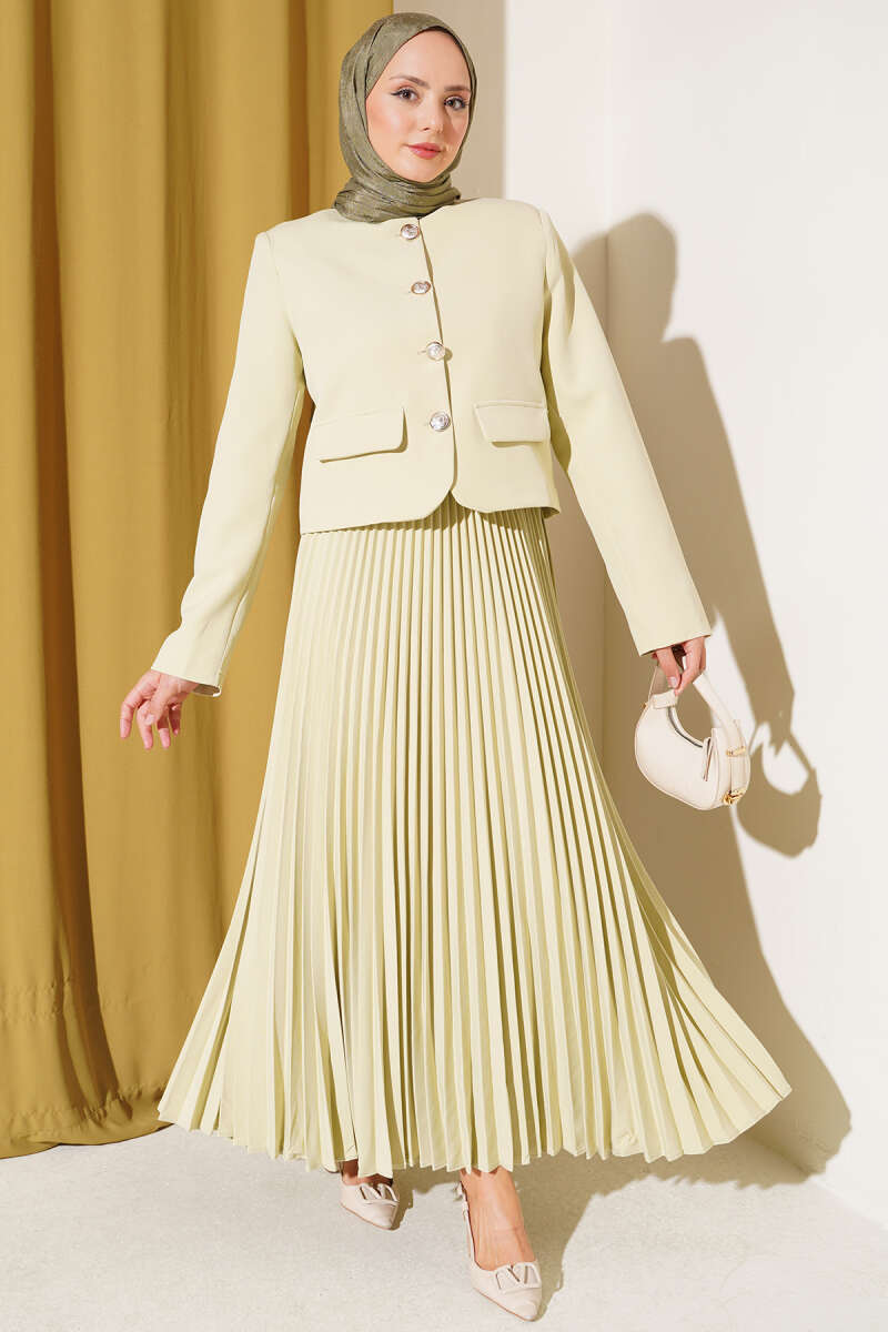 Pleated Skirt Set with Gold Buttons - Aqua Green