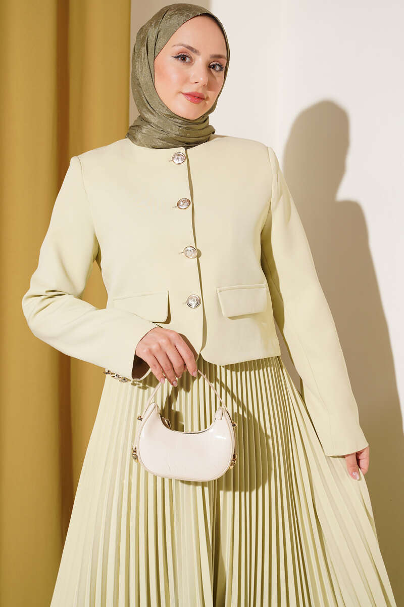 Pleated Skirt Set with Gold Buttons - Aqua Green