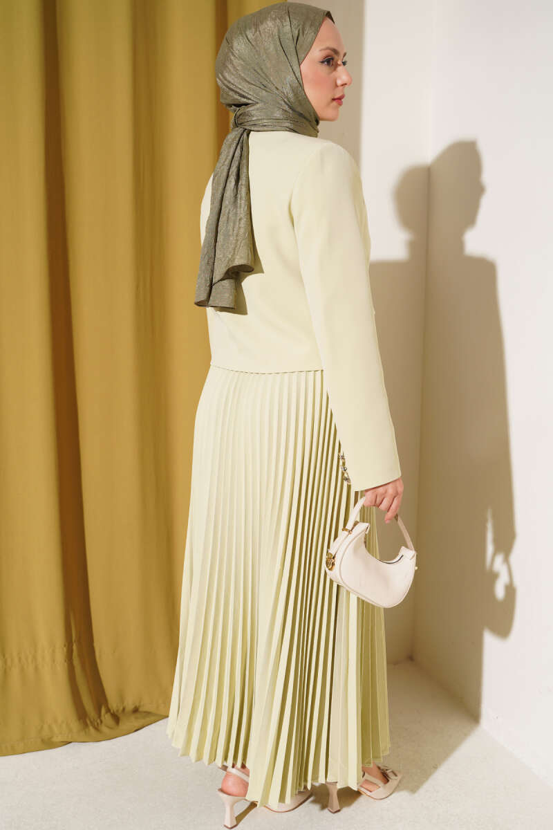 Pleated Skirt Set with Gold Buttons - Aqua Green