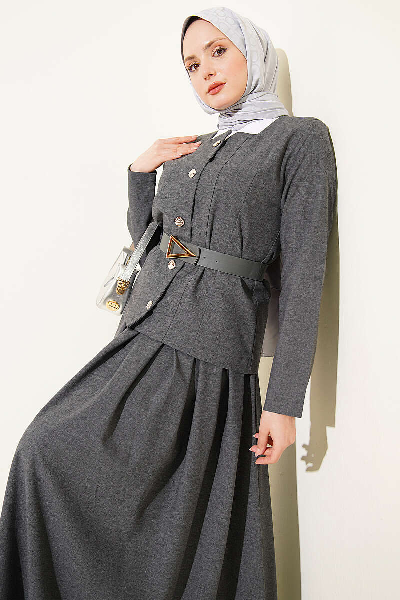 Poly-Viscose Skirt Set with Gold Buttons - Smoke Grey