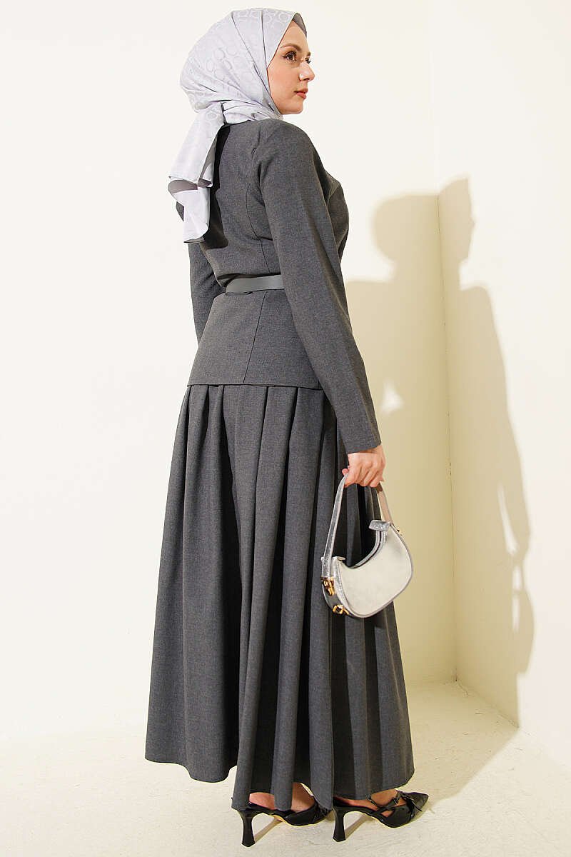 Poly-Viscose Skirt Set with Gold Buttons - Smoke Grey