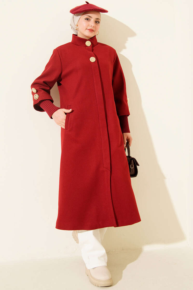 Ribbed Felt Coat with Gold Buttons - Burgundy
