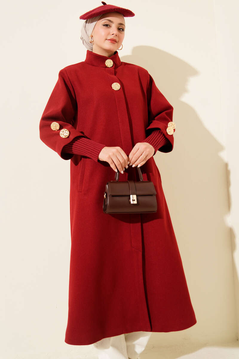 Ribbed Felt Coat with Gold Buttons - Burgundy