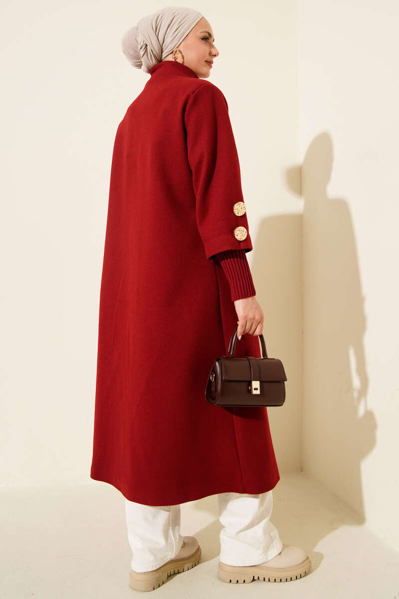 Ribbed Felt Coat with Gold Buttons - Burgundy