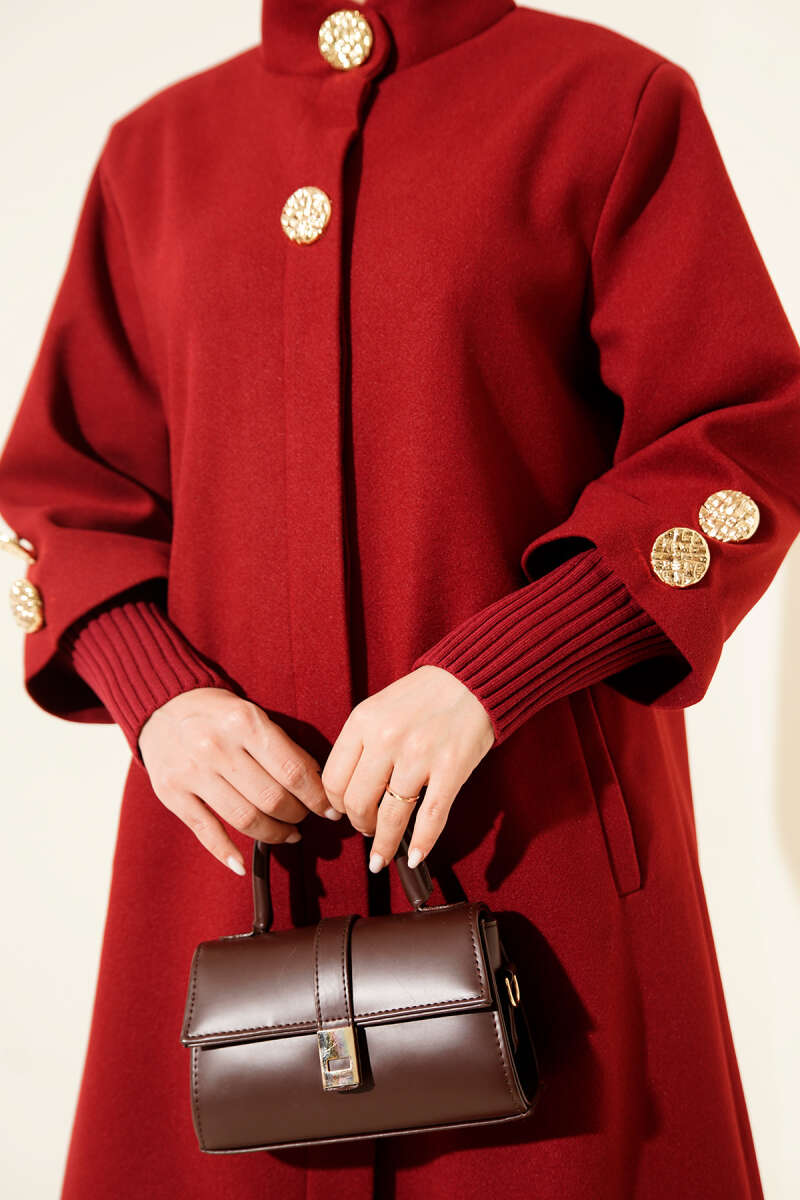 Ribbed Felt Coat with Gold Buttons - Burgundy