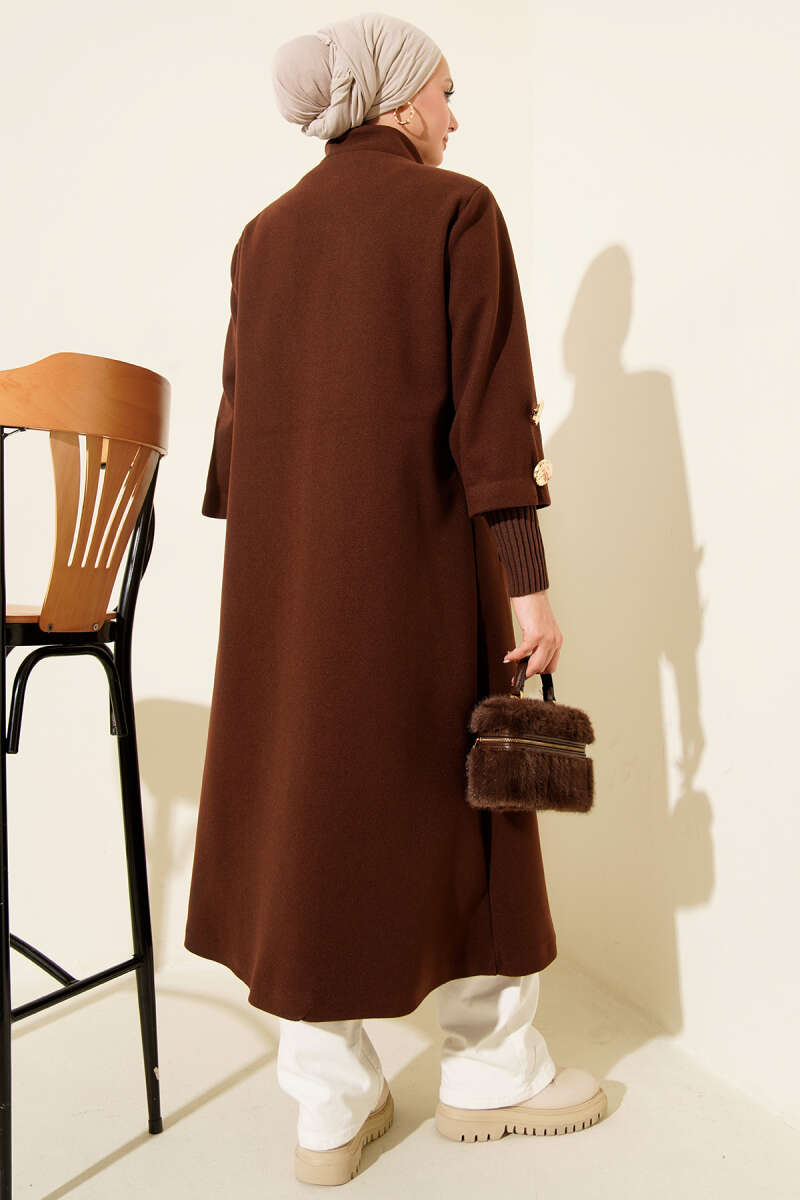 Ribbed Felt Coat with Gold Buttons - Brown