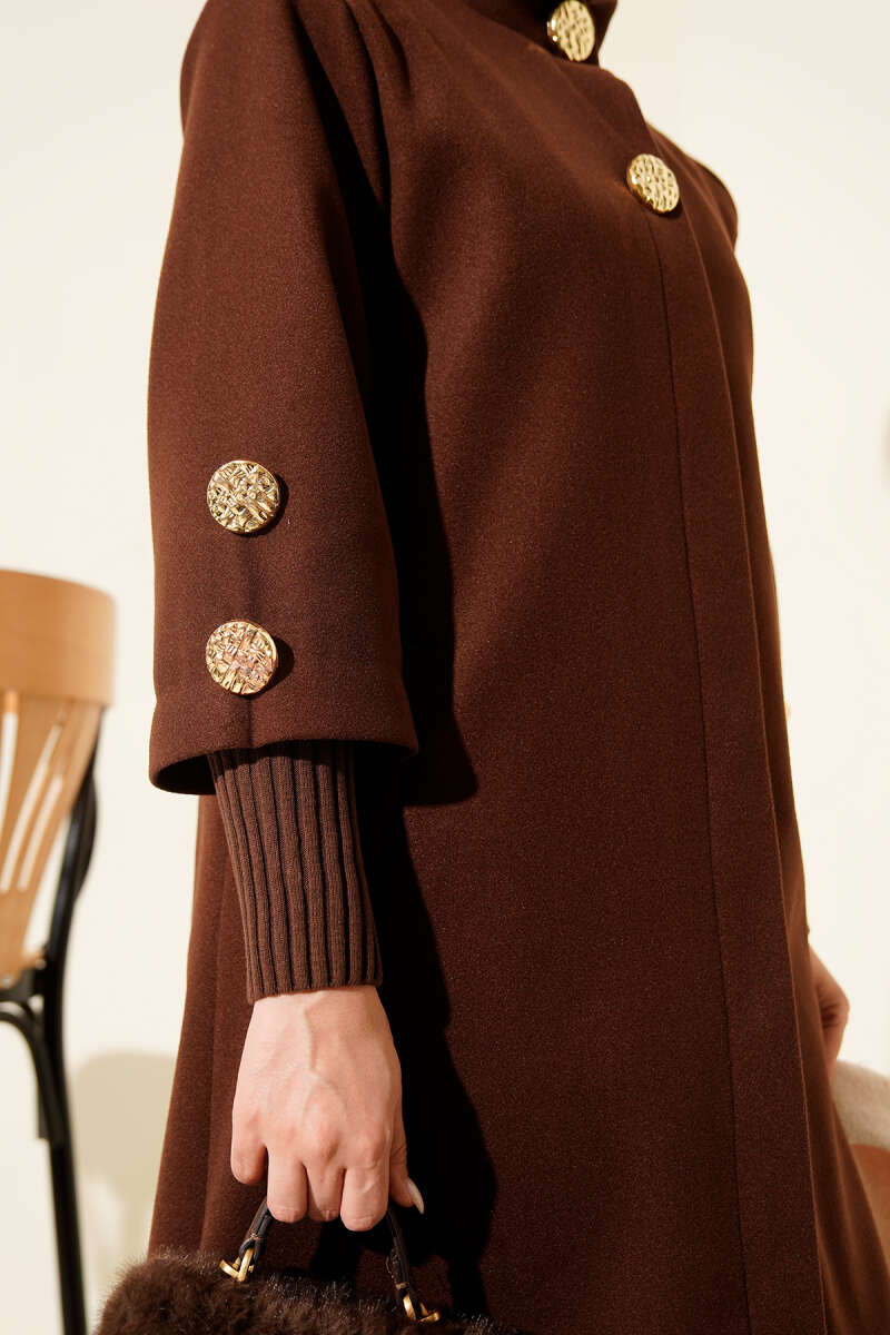 Ribbed Felt Coat with Gold Buttons - Brown
