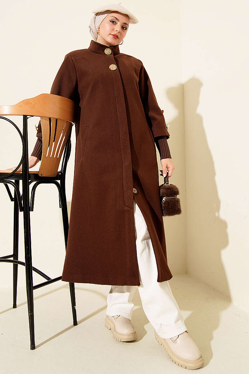 Ribbed Felt Coat with Gold Buttons - Brown