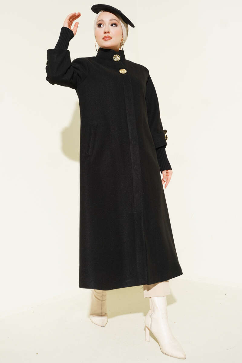 Ribbed Felt Coat with Gold Buttons - Black