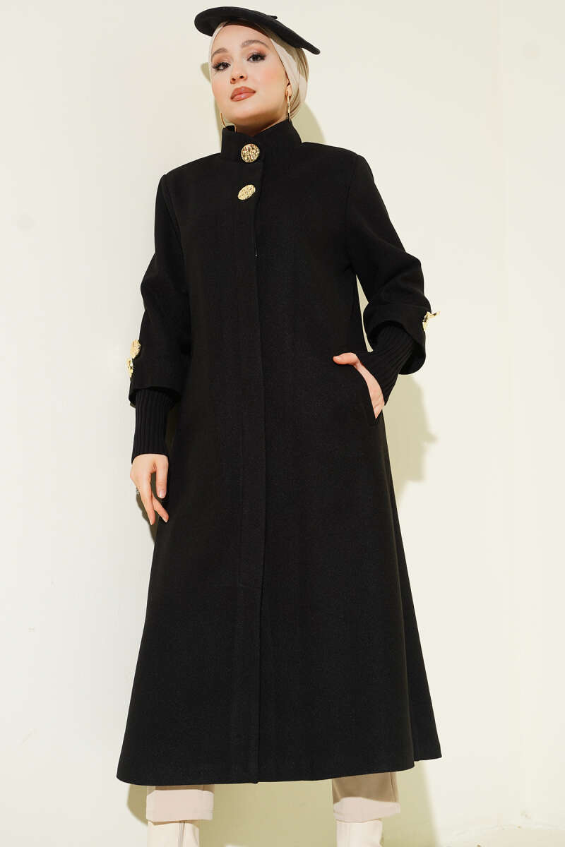 Ribbed Felt Coat with Gold Buttons - Black