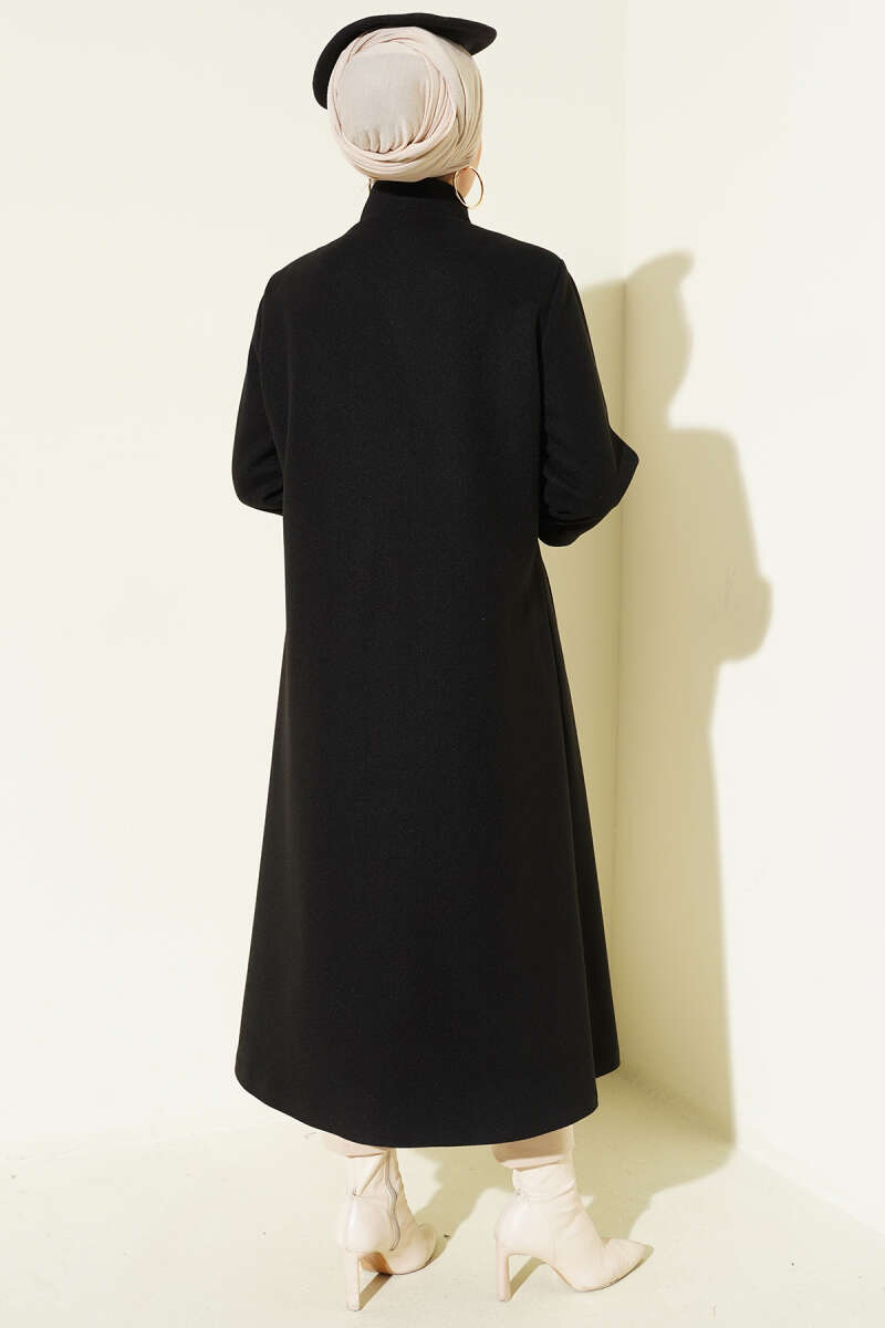 Ribbed Felt Coat with Gold Buttons - Black