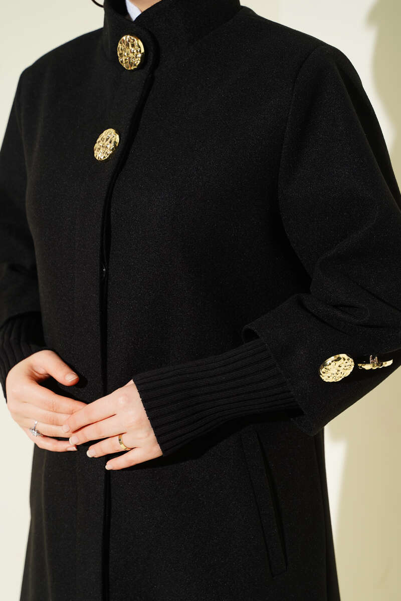 Ribbed Felt Coat with Gold Buttons - Black