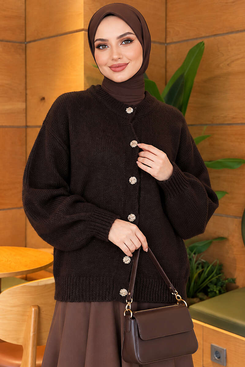Ribbed Knit Cardigan with Gold Buttons - Dark Brown