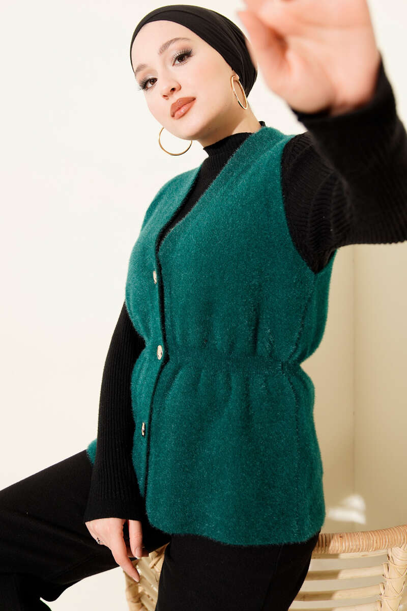 Fluffy Vest with Gold Buttons - Emerald