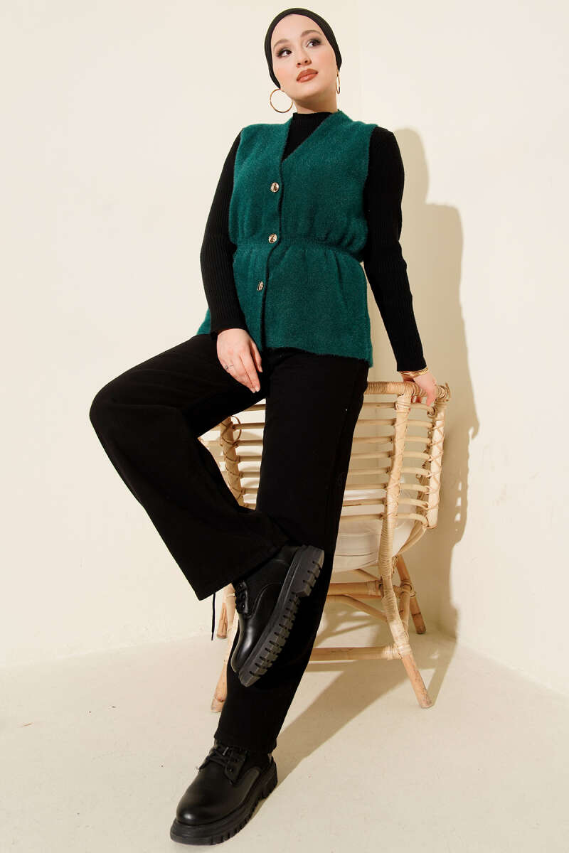 Fluffy Vest with Gold Buttons - Emerald
