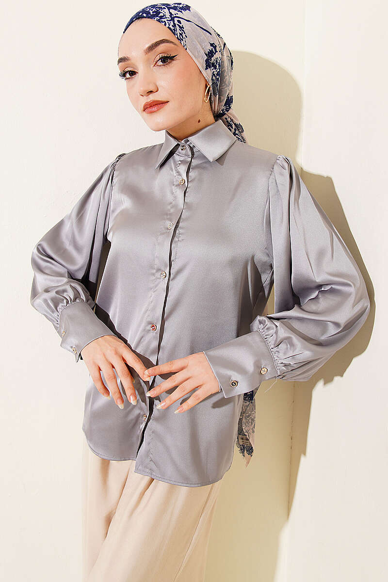 Short Satin Shirt with Gold Buttons - Grey