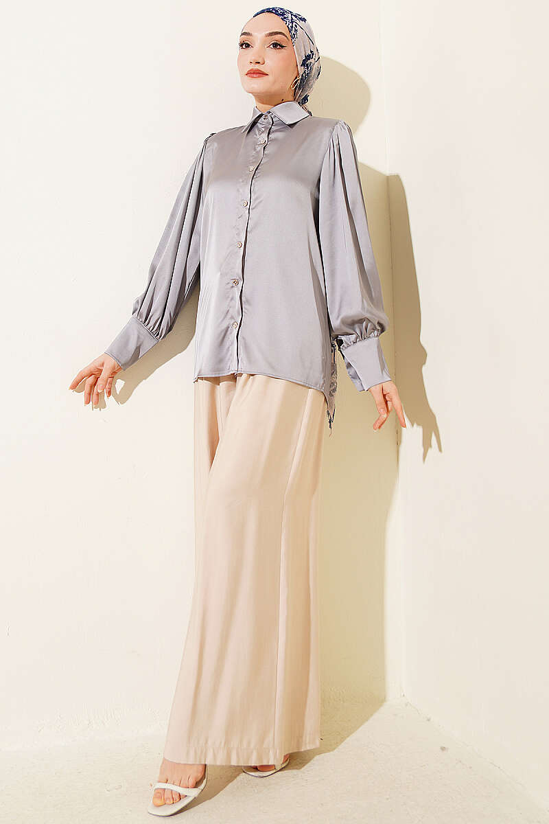 Short Satin Shirt with Gold Buttons - Grey