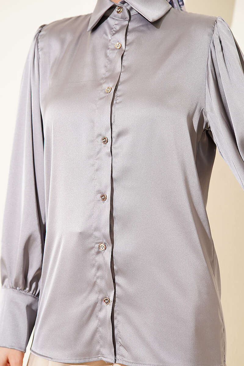 Short Satin Shirt with Gold Buttons - Grey