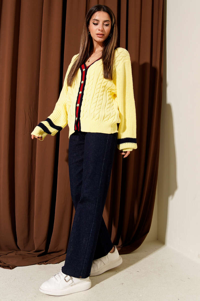 Striped Knit Cardigan with Gold Buttons - Yellow