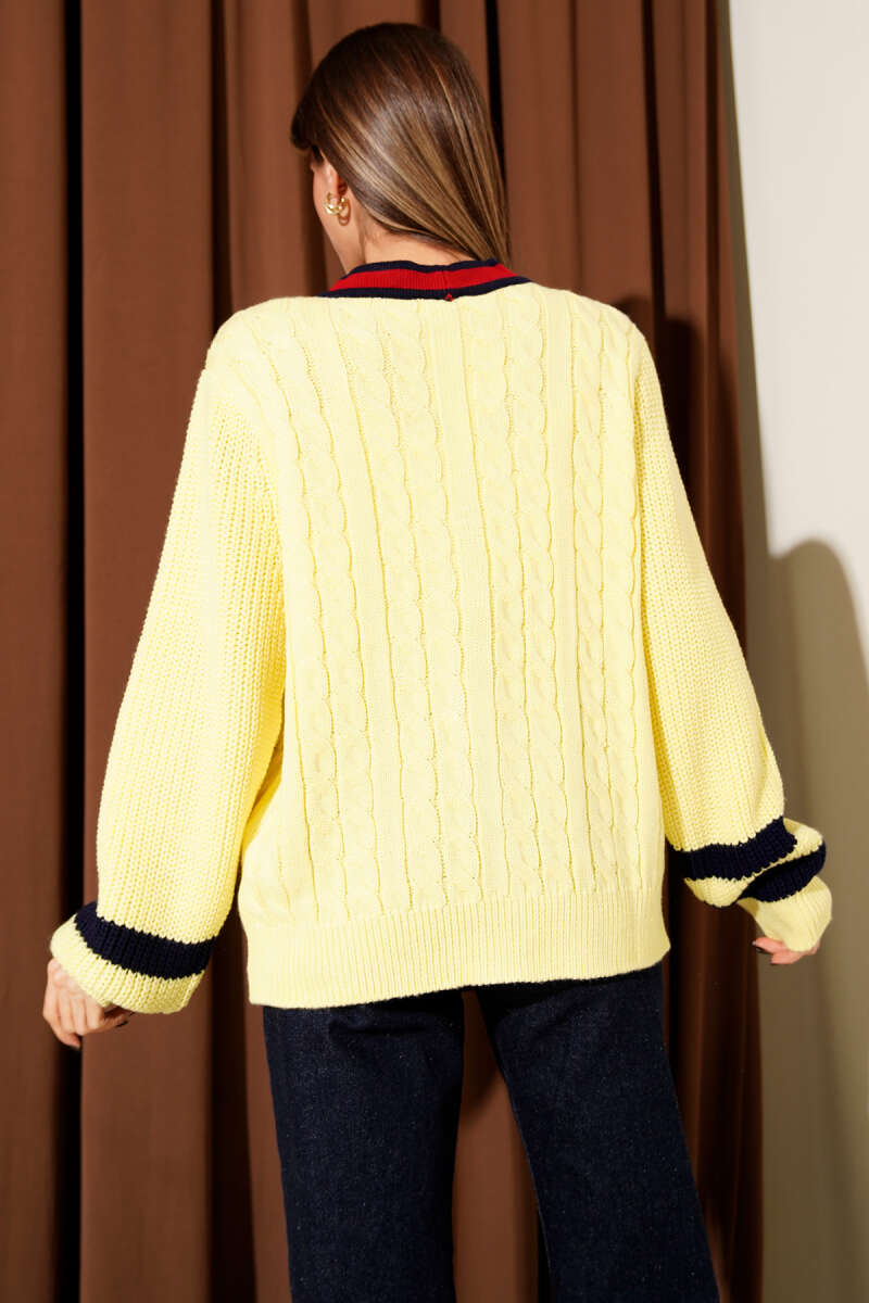 Striped Knit Cardigan with Gold Buttons - Yellow