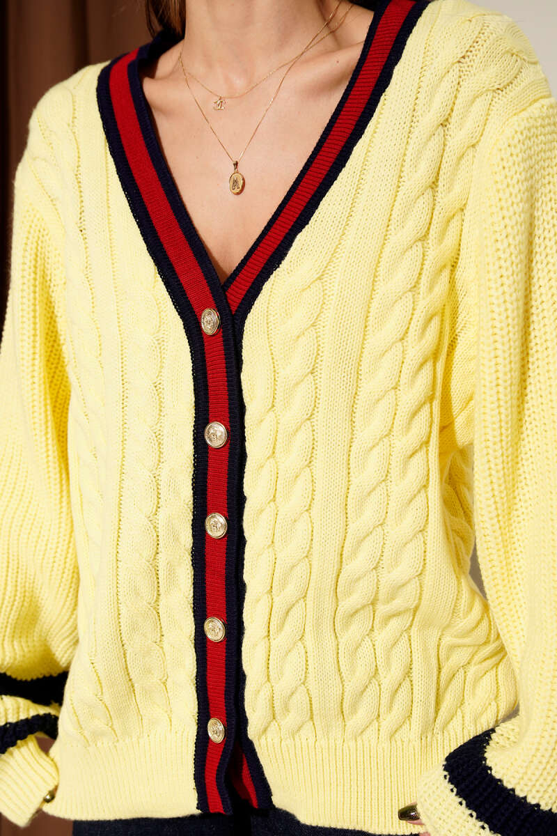 Striped Knit Cardigan with Gold Buttons - Yellow