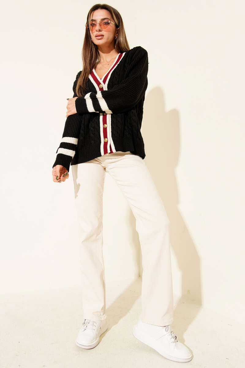 Striped Knit Cardigan with Gold Buttons - Black
