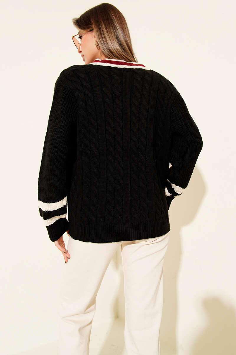Striped Knit Cardigan with Gold Buttons - Black