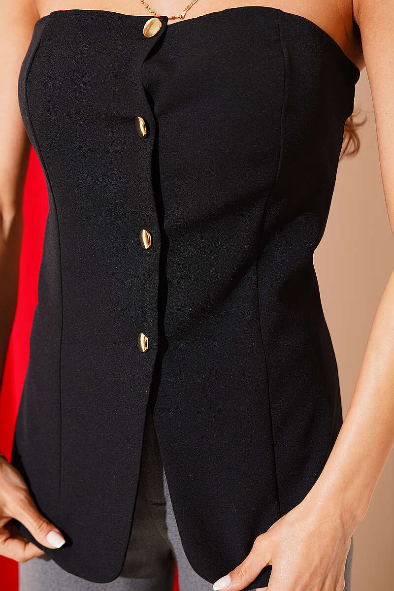 Strapless Blouse with Gold Buttons - Black