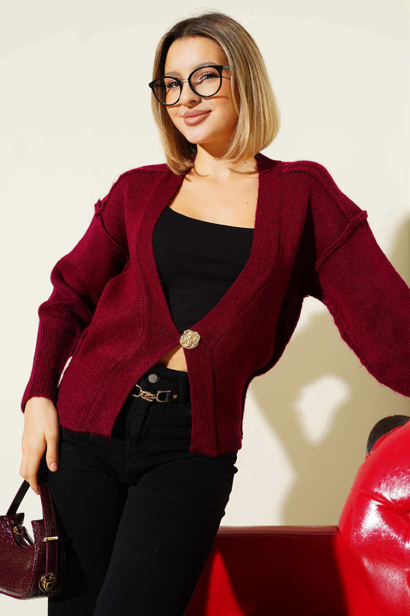 Reverse-Seam Knit Cardigan with Gold Buttons - Burgundy