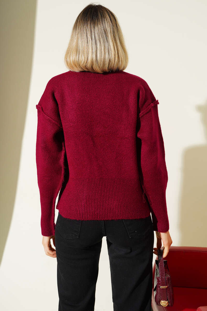 Reverse-Seam Knit Cardigan with Gold Buttons - Burgundy