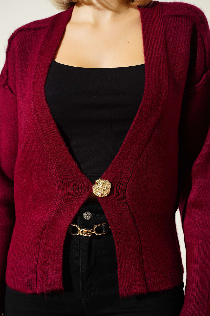 Reverse-Seam Knit Cardigan with Gold Buttons - Burgundy