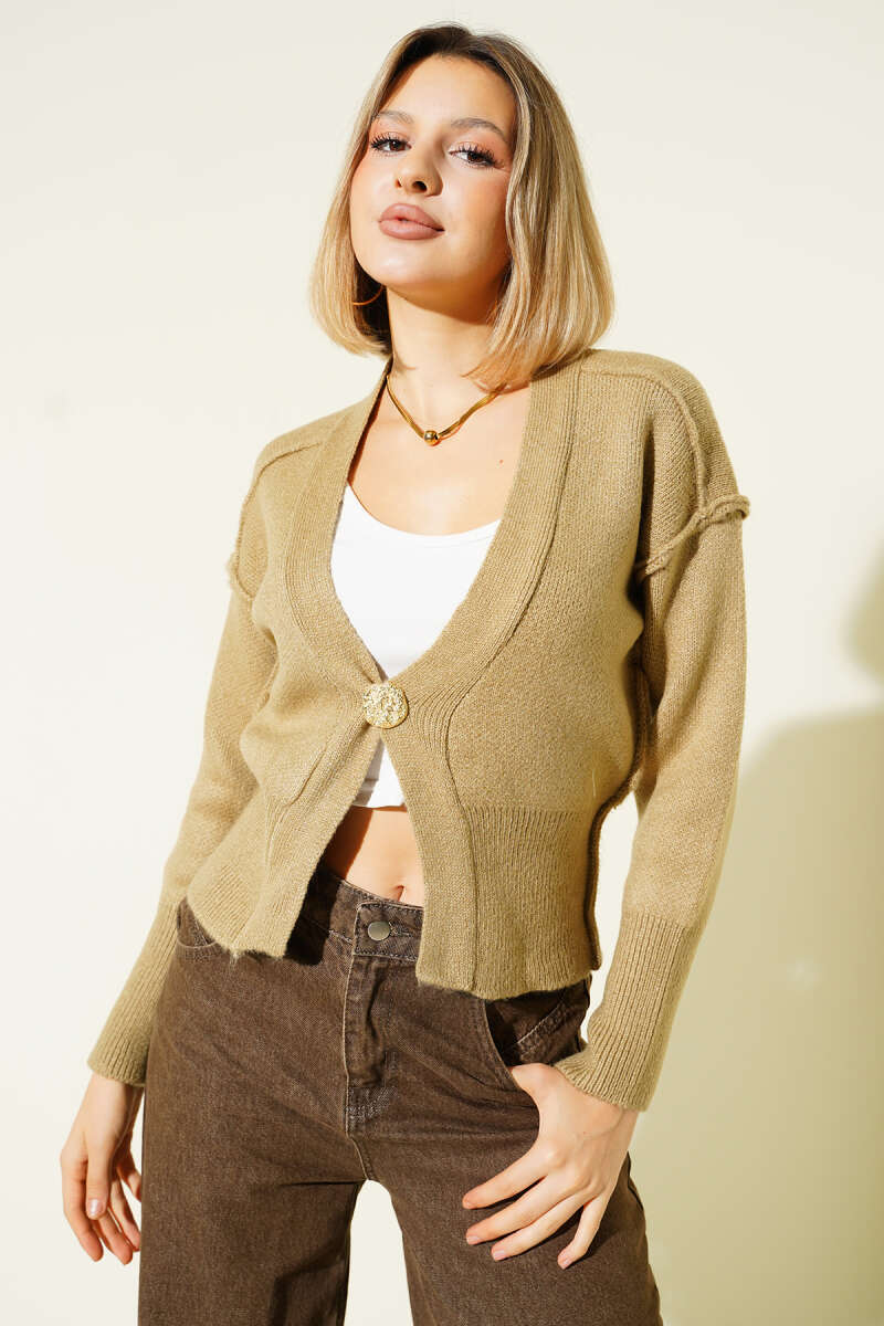 Reverse-Seam Knit Cardigan with Gold Buttons - Dark Olive