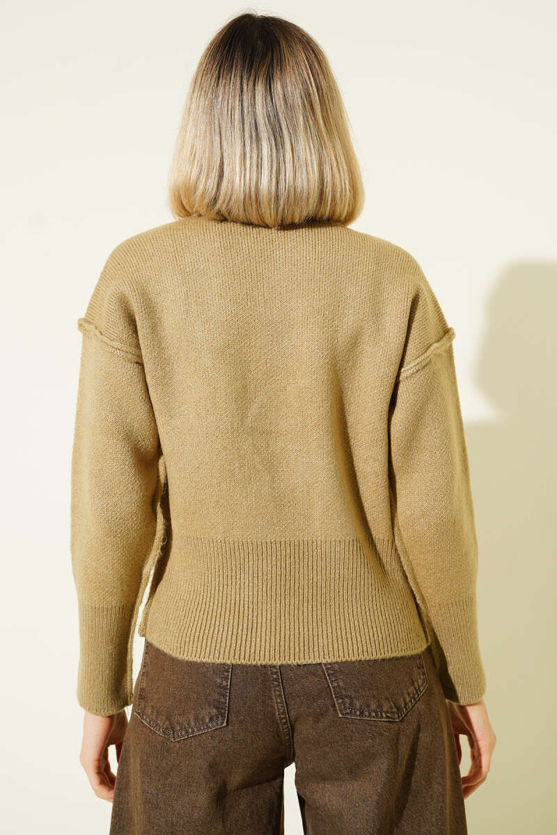 Reverse-Seam Knit Cardigan with Gold Buttons - Dark Olive