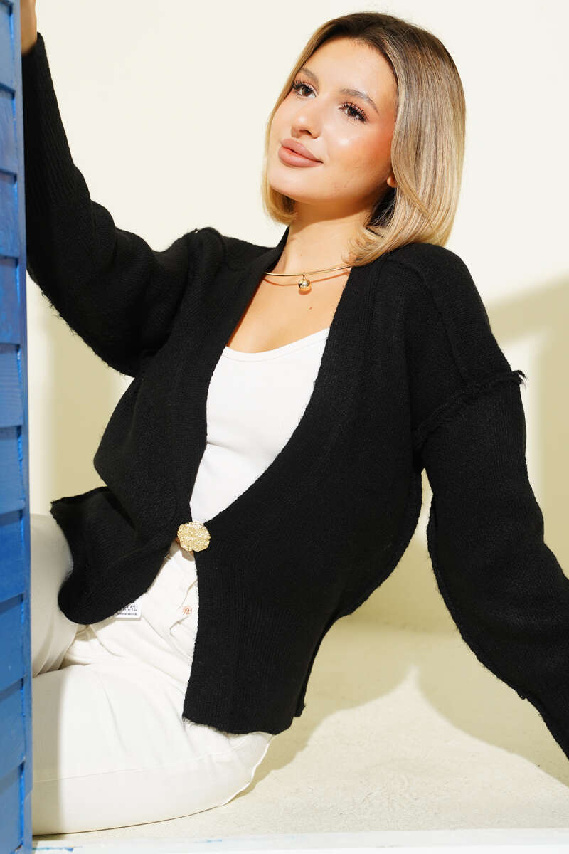 Reverse-Seam Knit Cardigan with Gold Buttons - Black