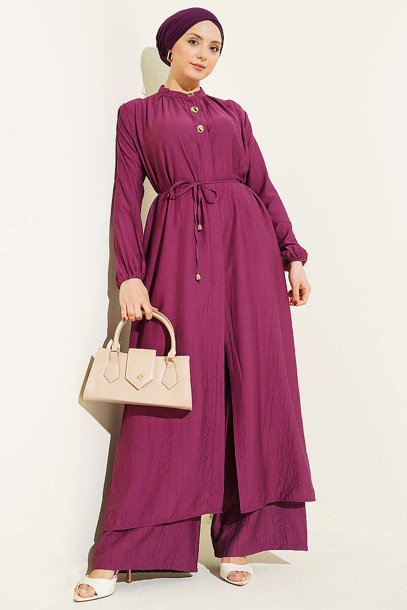 Long Tunic Set with Gold Buttons - Burgundy