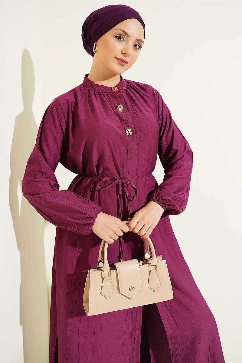 Long Tunic Set with Gold Buttons - Burgundy