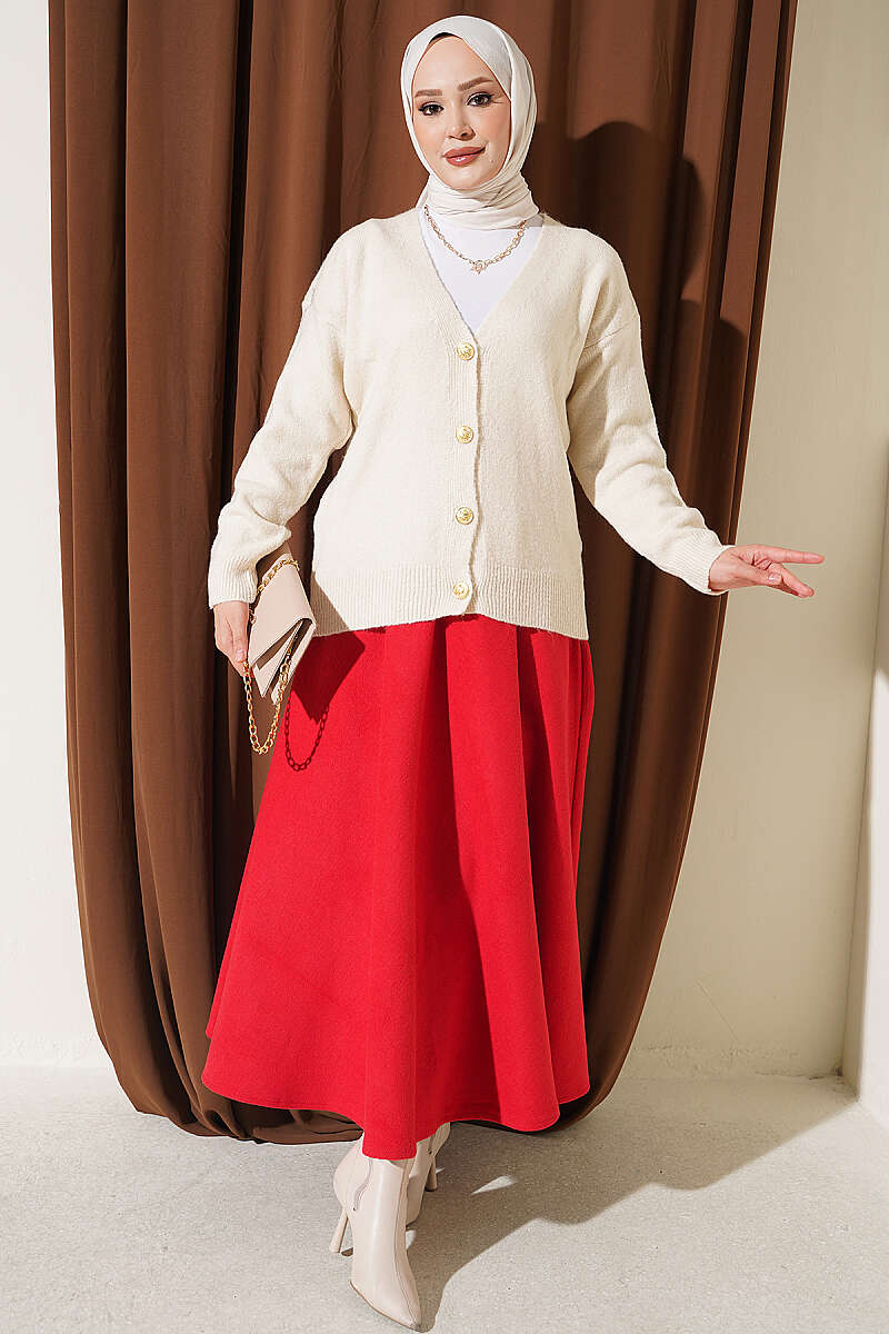 Short V-Neck Knit Cardigan with Gold Buttons - Beige