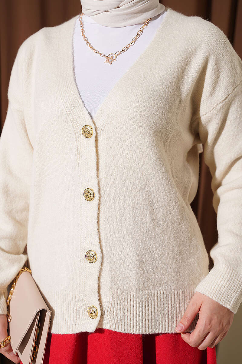 Short V-Neck Knit Cardigan with Gold Buttons - Beige