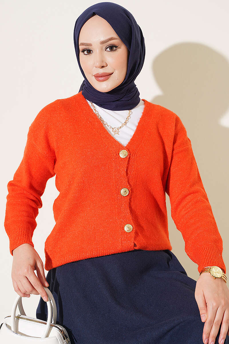 Short V-Neck Knit Cardigan with Gold Buttons - Orange