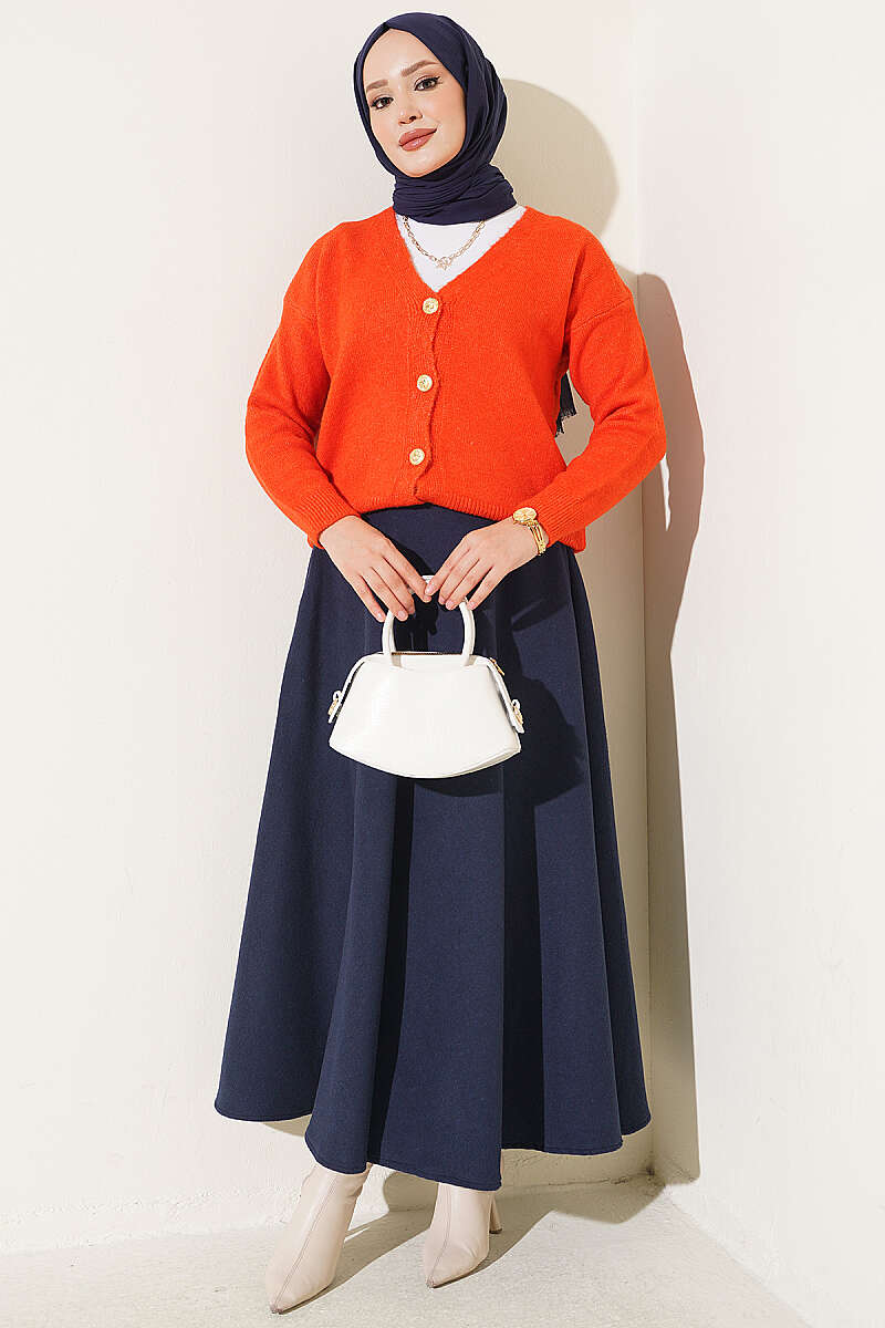 Short V-Neck Knit Cardigan with Gold Buttons - Orange