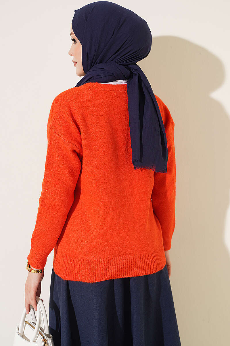 Short V-Neck Knit Cardigan with Gold Buttons - Orange