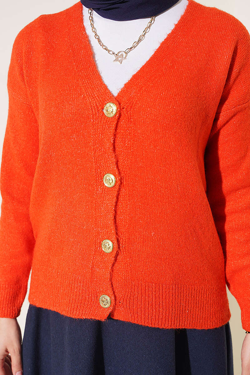 Short V-Neck Knit Cardigan with Gold Buttons - Orange