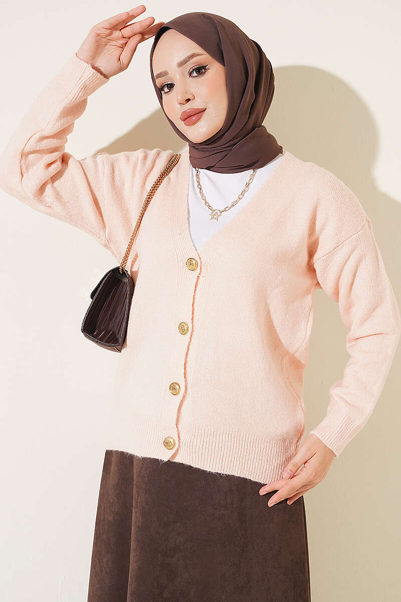 Short V-Neck Knit Cardigan with Gold Buttons - Powder