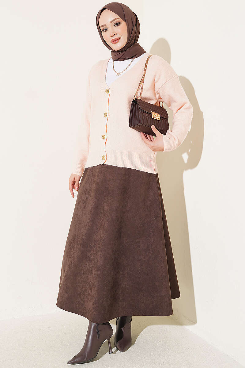 Short V-Neck Knit Cardigan with Gold Buttons - Powder
