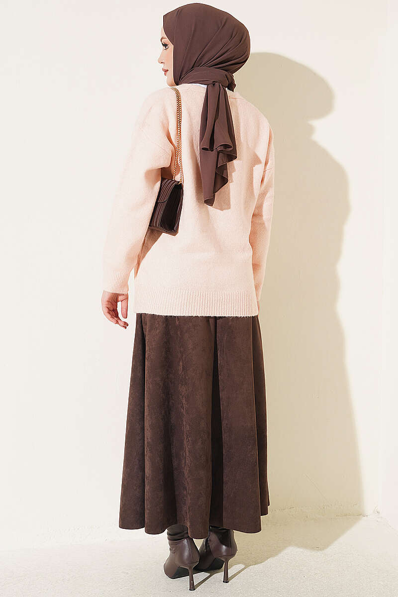 Short V-Neck Knit Cardigan with Gold Buttons - Powder