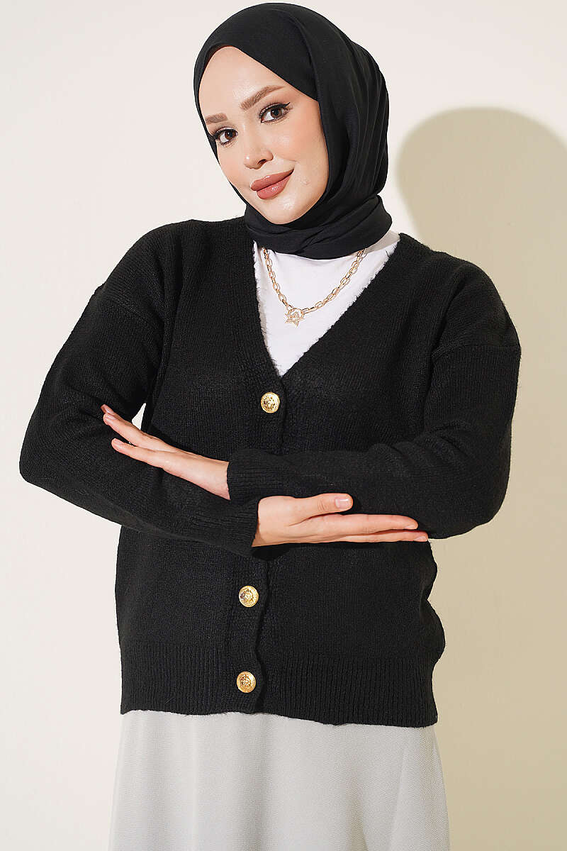 Short V-Neck Knit Cardigan with Gold Buttons - Black