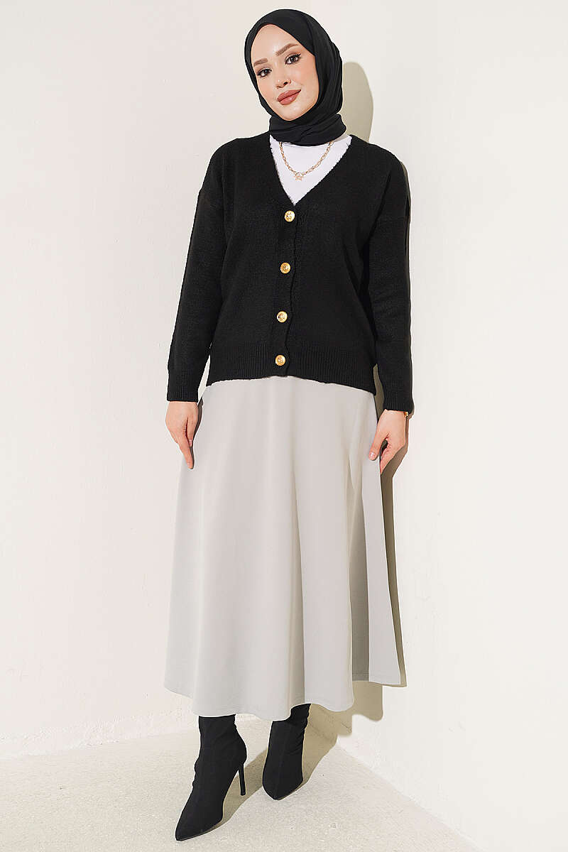 Short V-Neck Knit Cardigan with Gold Buttons - Black