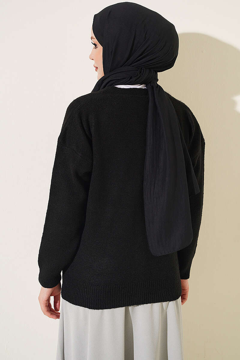 Short V-Neck Knit Cardigan with Gold Buttons - Black