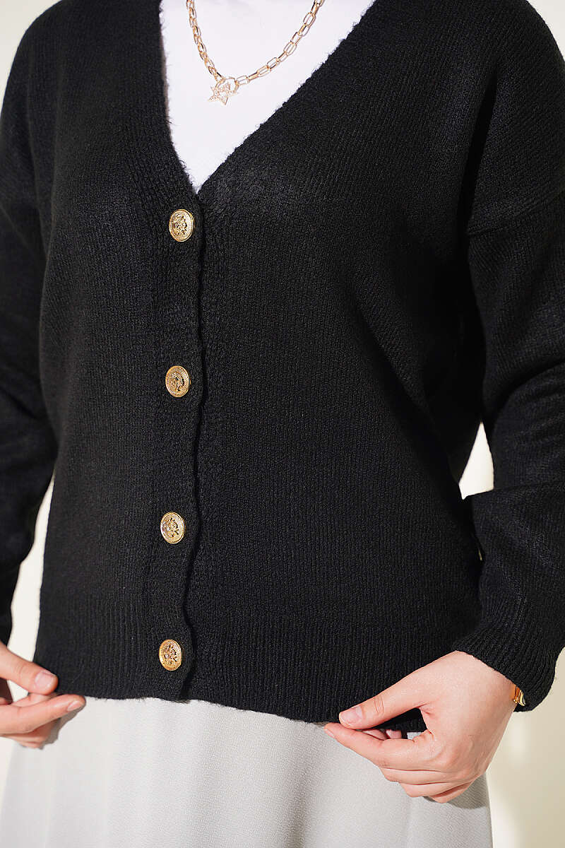 Short V-Neck Knit Cardigan with Gold Buttons - Black